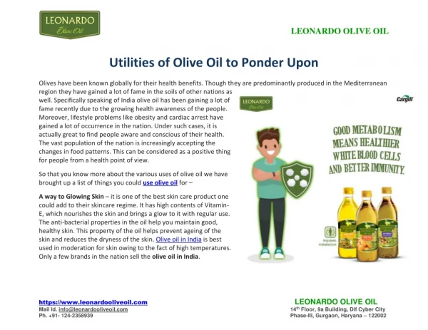 Utilities of Olive Oil to Ponder Upon