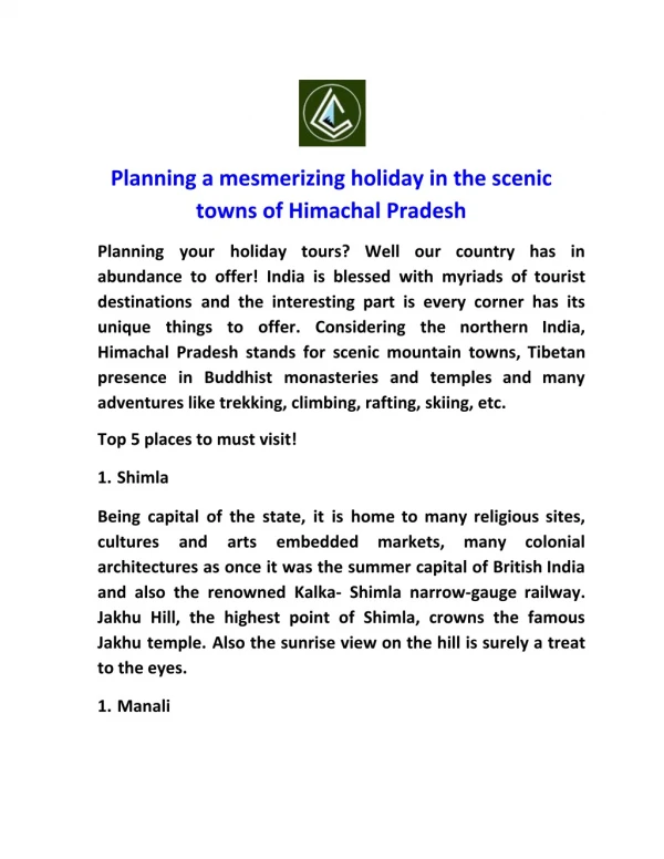 Planning a mesmerizing holiday in the scenic towns of Himachal Pradesh