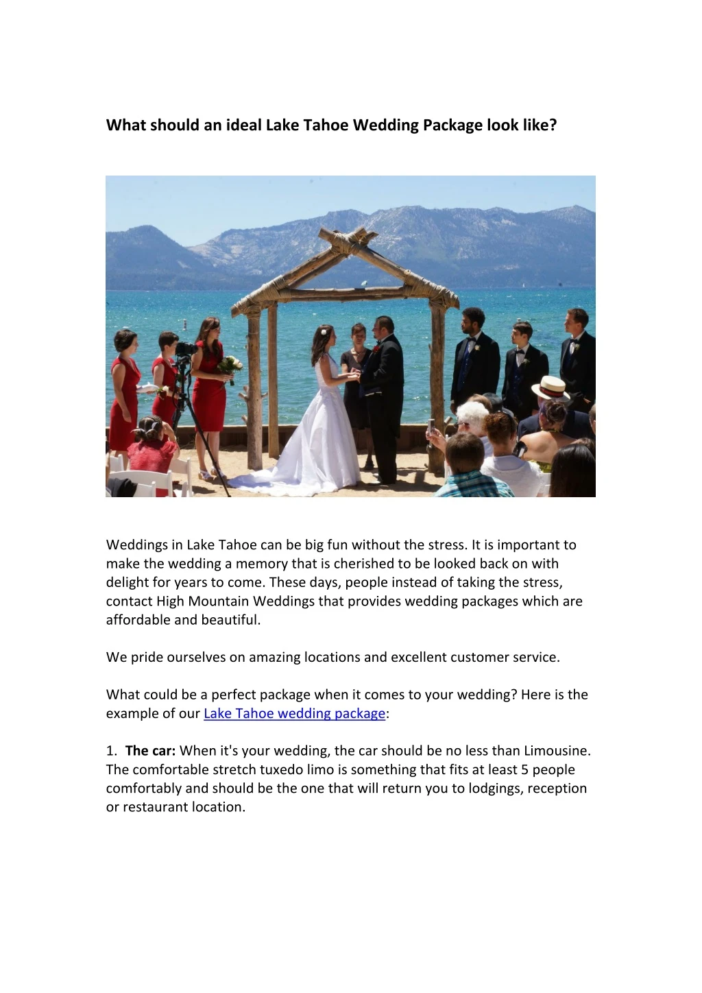 what should an ideal lake tahoe wedding package