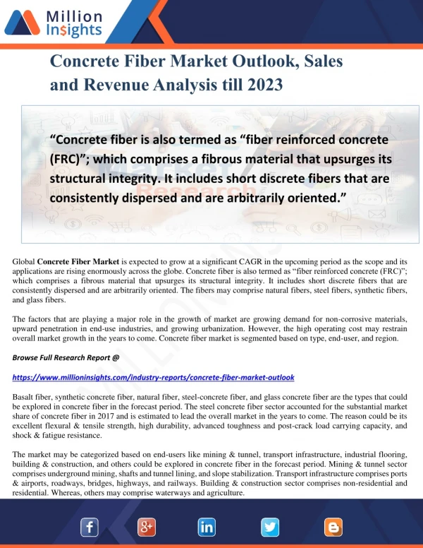 Concrete Fiber Market Outlook, Sales and Revenue Analysis till 2023