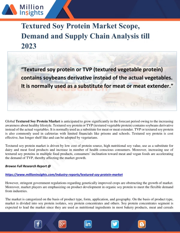 Textured Soy Protein Market Scope, Demand and Supply Chain Analysis till 2023