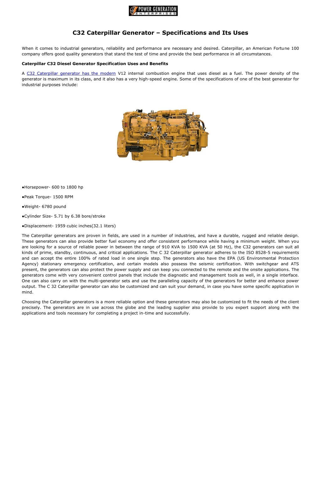 c32 caterpillar generator specifications