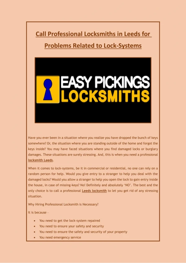 Call Professional Locksmiths in Leeds for Problems Related to Lock-Systems