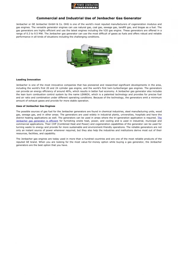 Commercial and Industrial Use of Jenbacher Gas Generator