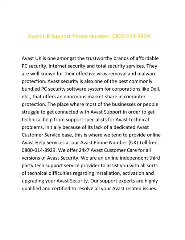 Avast UK Support Phone Number 0800-014-8929