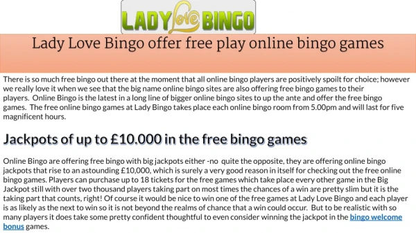 Lady Love Bingo offer free play online bingo games