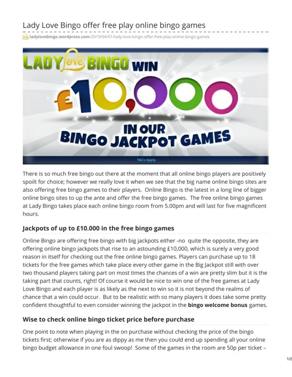 Lady Love Bingo offer free play online bingo games