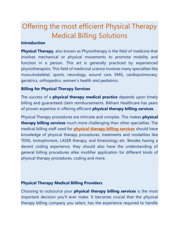 Offering the most efficient Physical Therapy Medical Billing Solutions