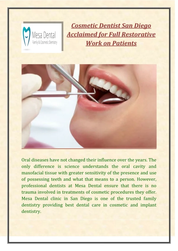 Cosmetic Dentist San Diego Acclaimed for Full Restorative Work on Patients