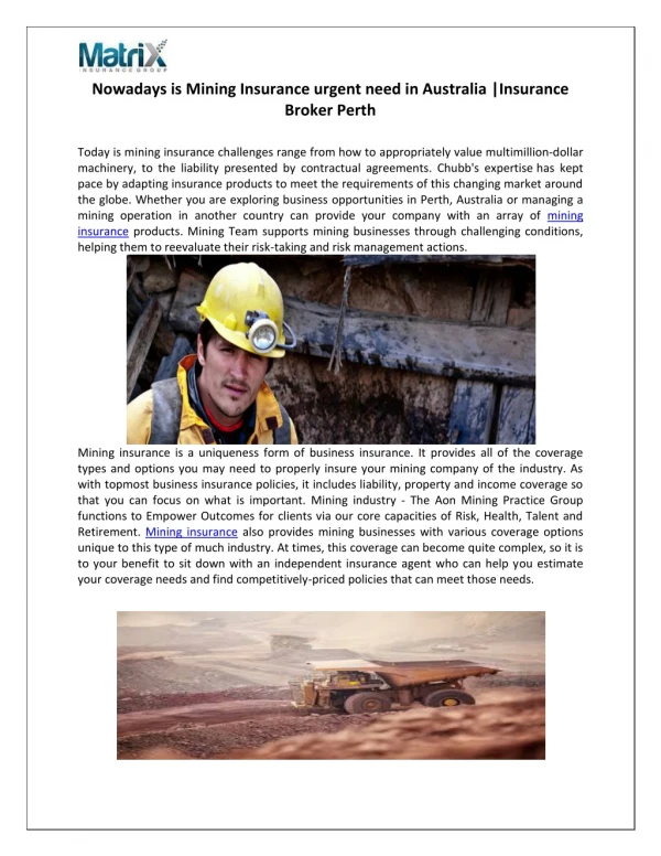 Nowadays is Mining Insurance urgent need in Australia |Insurance Broker Perth