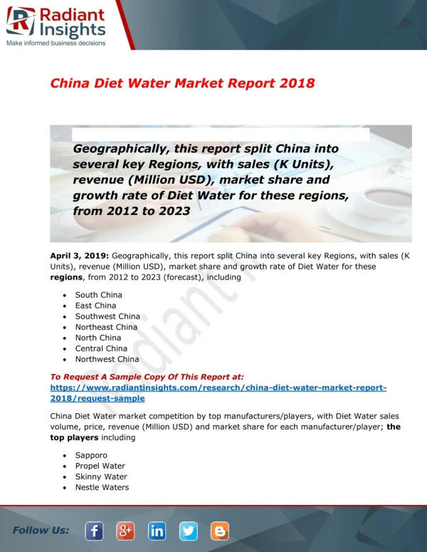 Chinese Diet Water Market Overview, Scope and Forecast From 2018 to 2023: Radiant Insights Inc