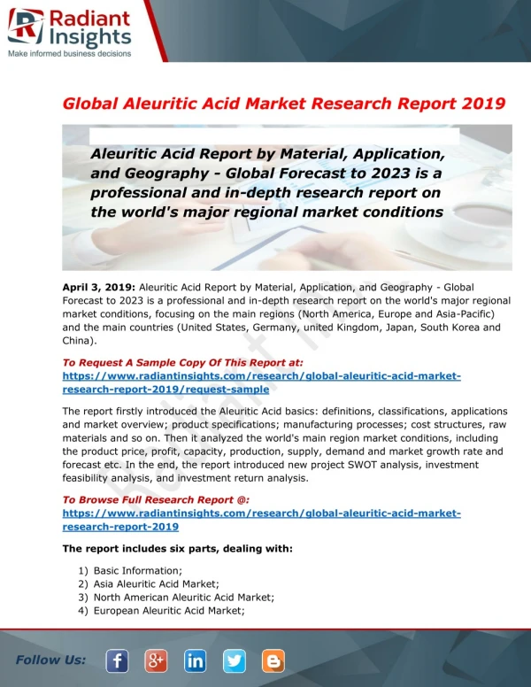 Aleuritic Acid Market by Size, Region, Supply & Demand by 2023: Radiant Insights Inc