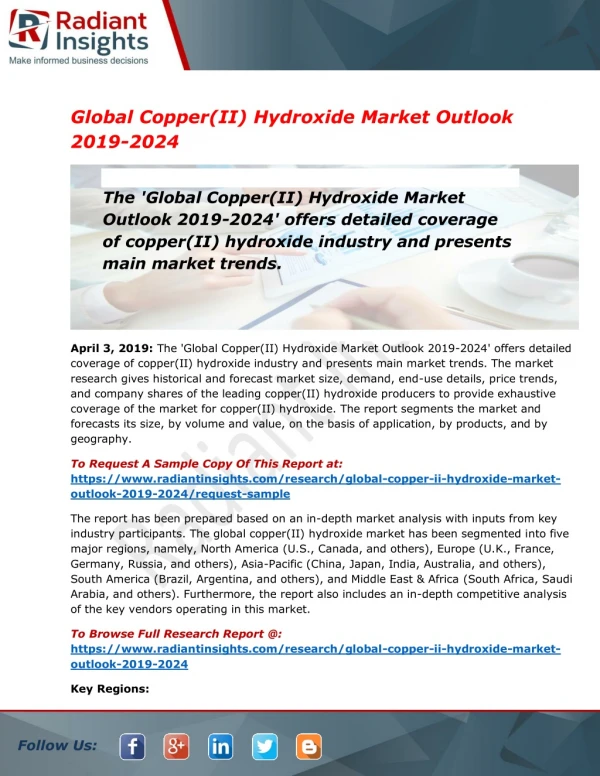 Copper Hydroxide Market by Size, Region, Supply & Demand by 2024: Radiant Insights Inc