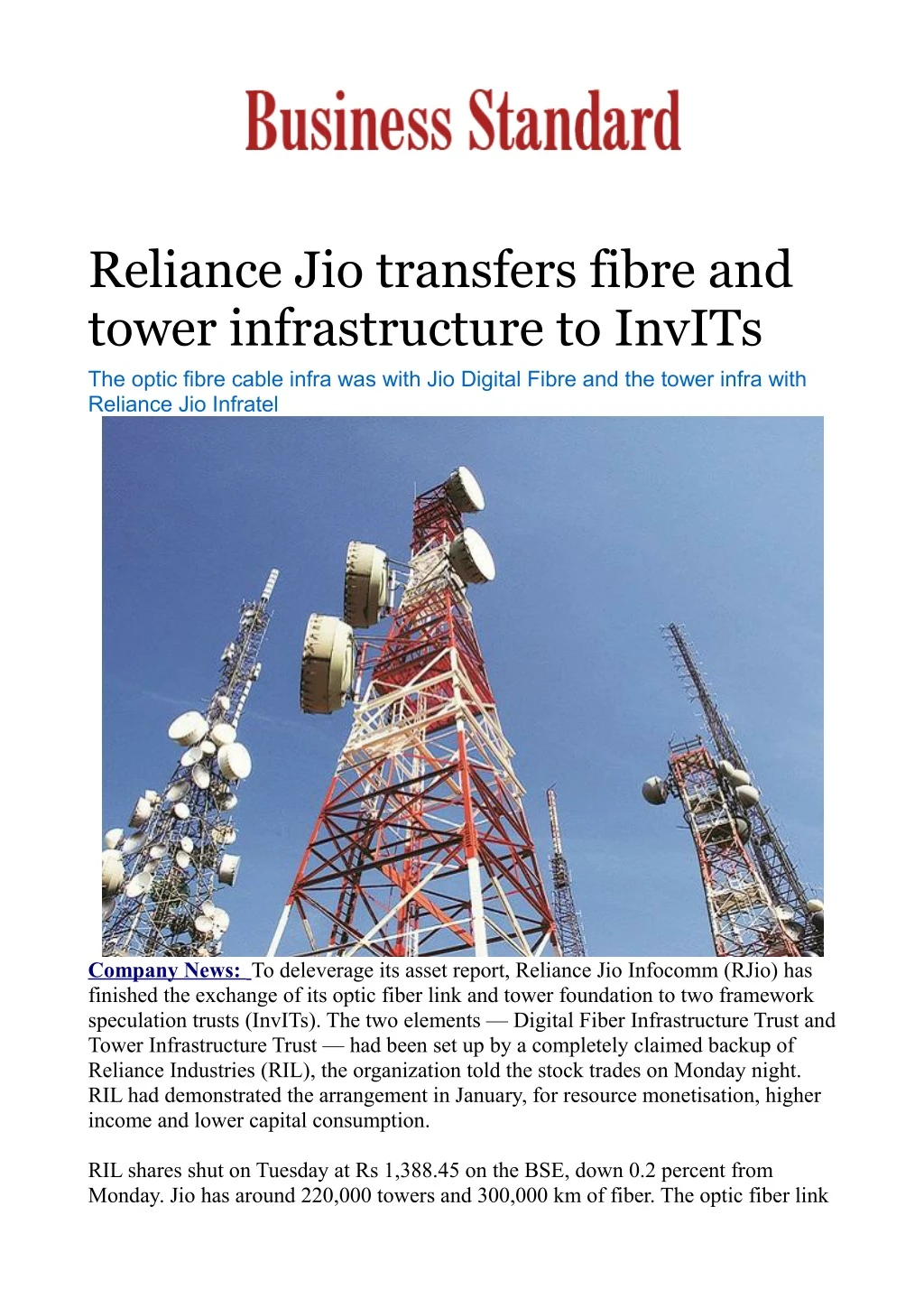 reliance jio transfers fibre and tower