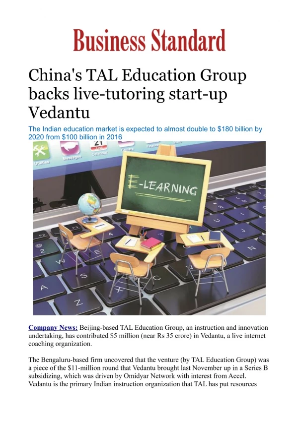 China's TAL Education Group backs live-tutoring start-up Vedantu