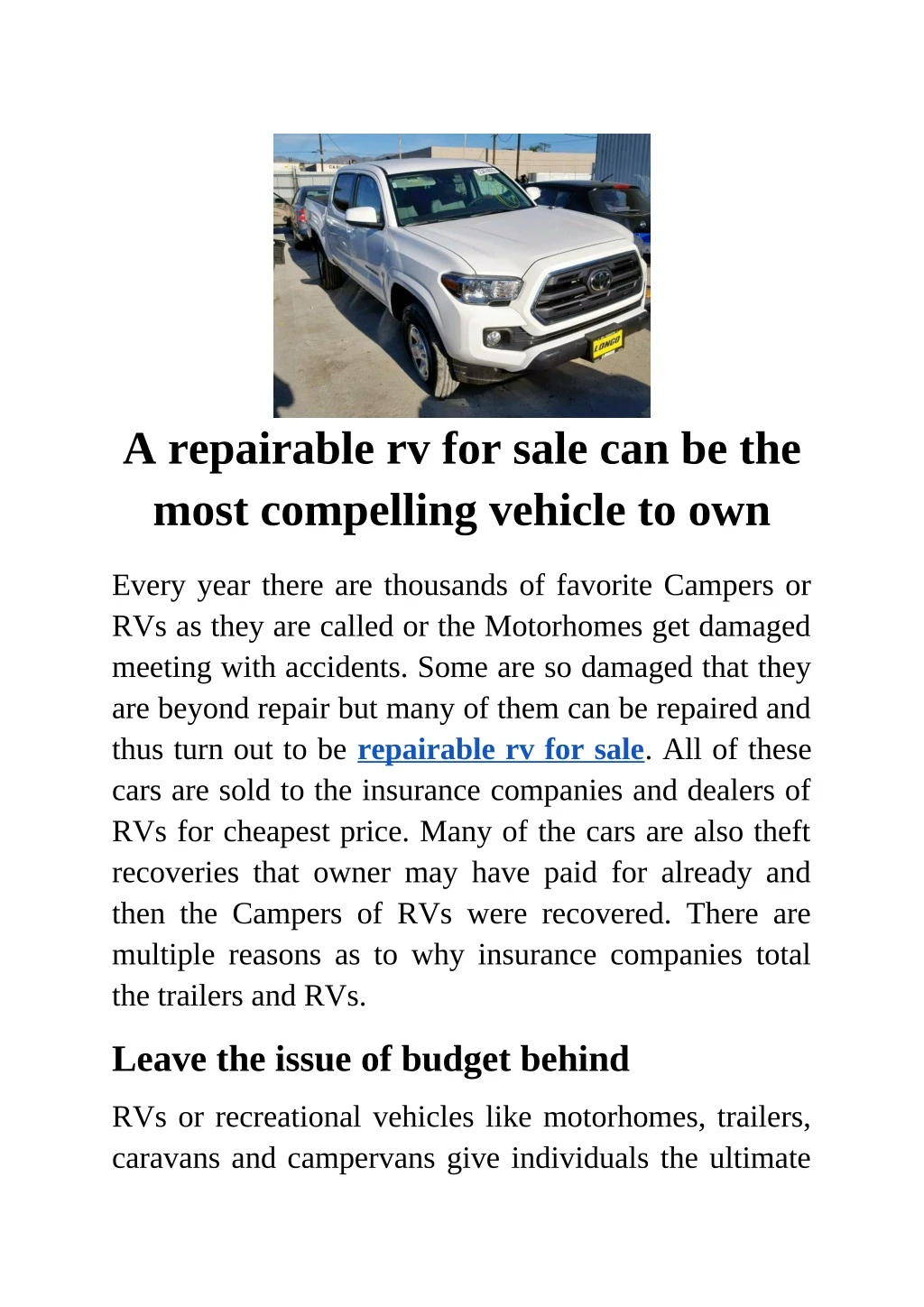 a repairable rv for sale can be the most