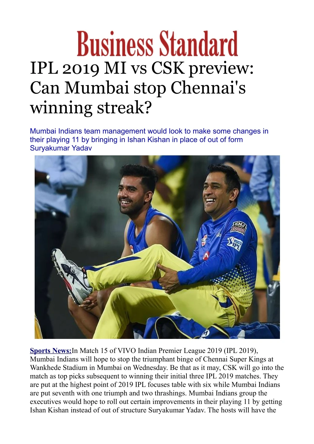 ipl 2019 mi vs csk preview can mumbai stop