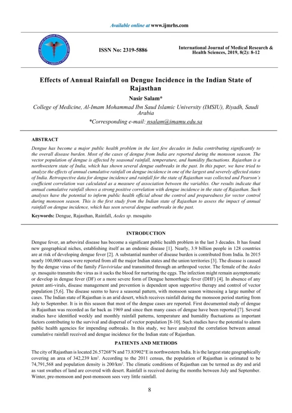 Effects of Annual Rainfall on Dengue Incidence in the Indian State of Rajasthan