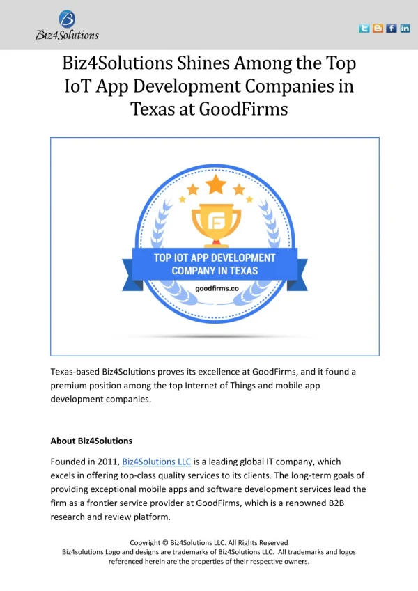 Biz4Solutions Shines Among the Top IoT App Development Companies in Texas at GoodFirms