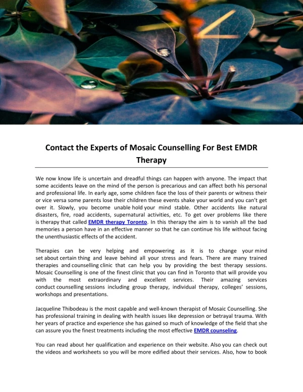 Contact the Experts of Mosaic Counselling For Best EMDR Therapy