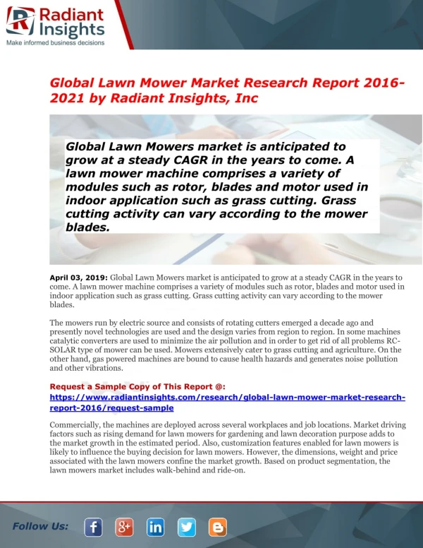 Lawn Mower Market Global Insights, Future Trend & Forecast to 2016-2021