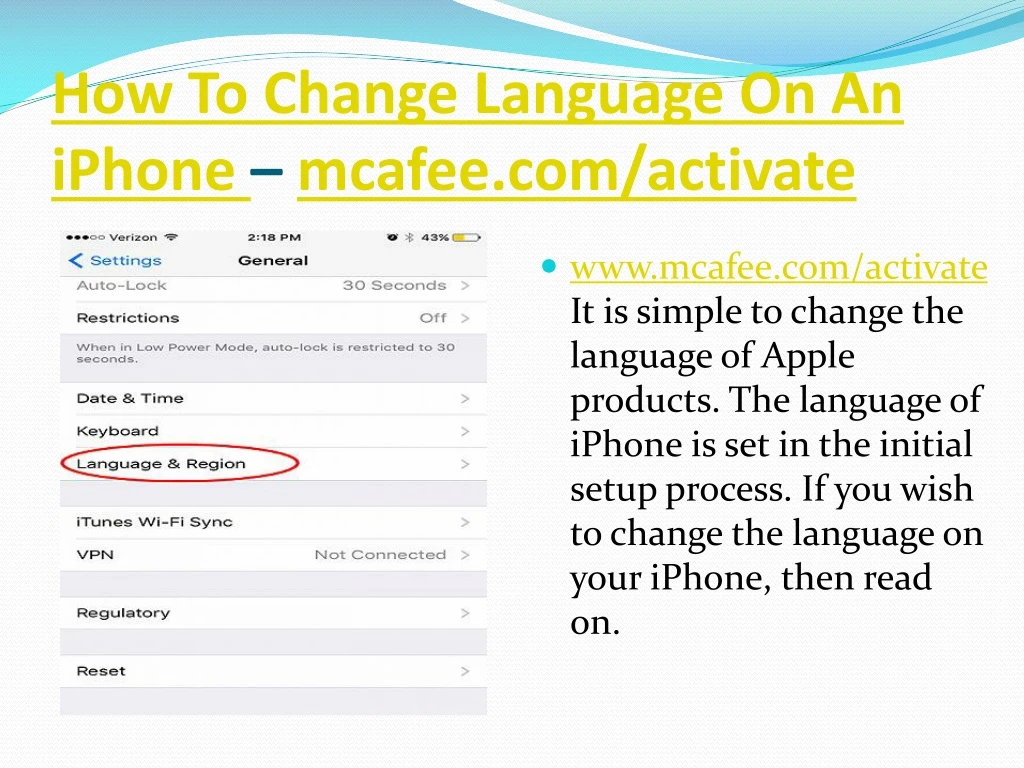 how to change language on an iphone mcafee com activate