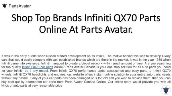 Get Top Notch Infiniti QX70 Parts Online at PartsAvatar.