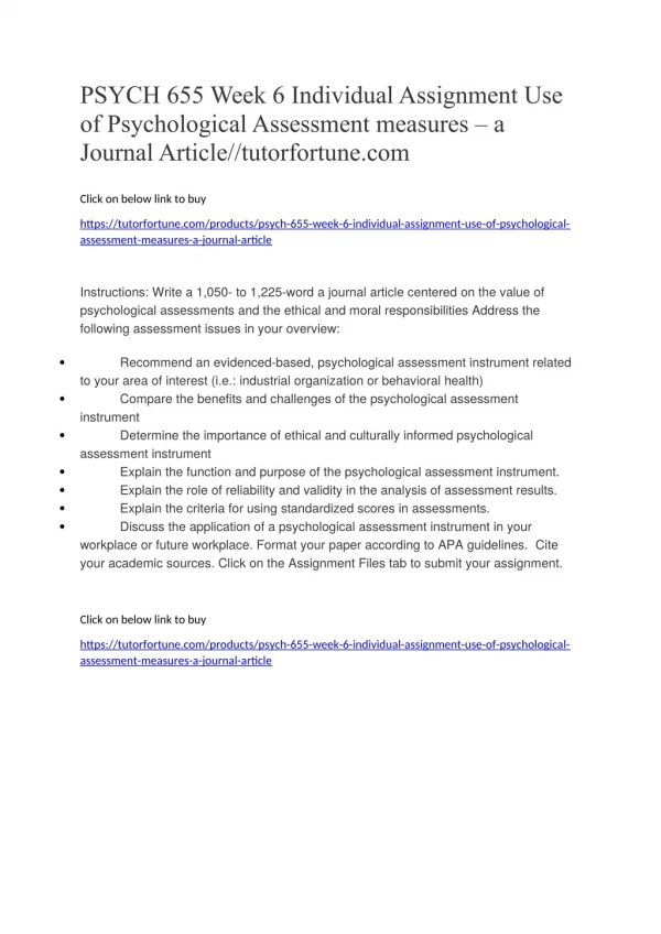PSYCH 655 Week 6 Individual Assignment Use of Psychological Assessment measures – a Journal Article//tutorfortune.com