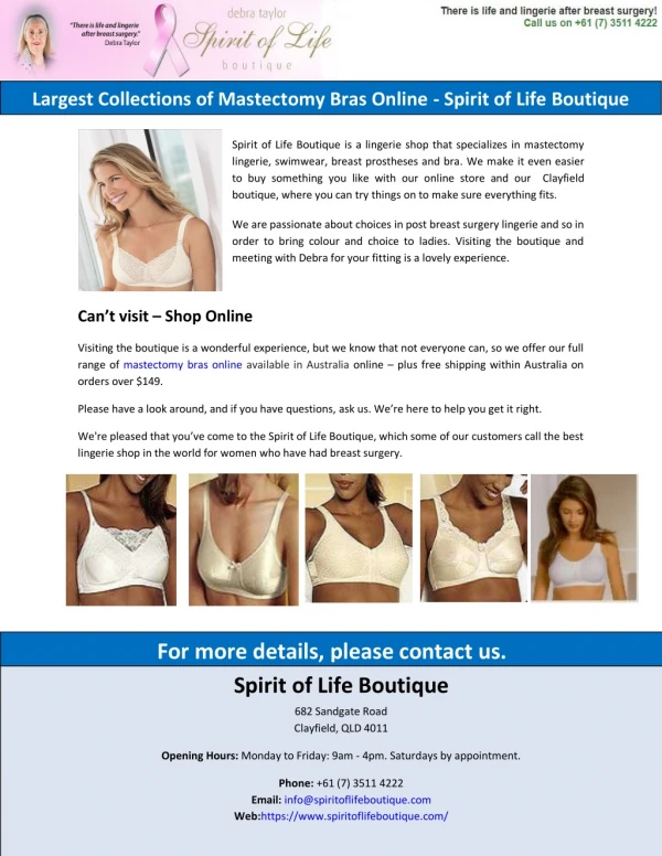 Largest Collections of Mastectomy Bras Online - Spirit of Life Boutique