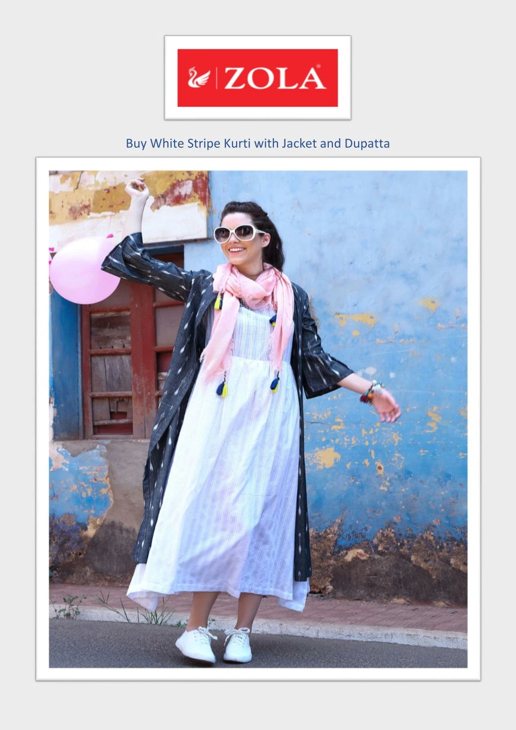 buy white stripe kurti with jacket and dupatta