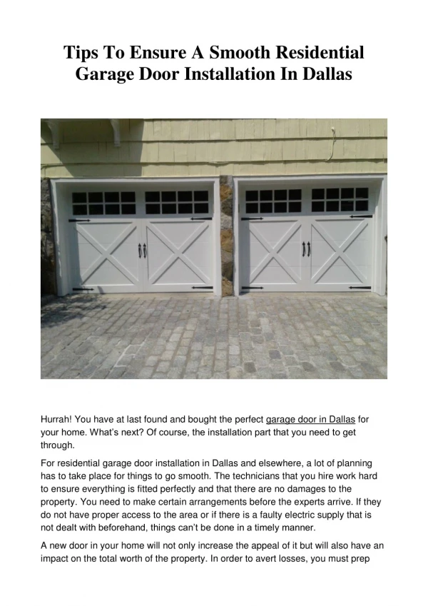 Tips To Ensure A Smooth Residential Garage Door Installation In Dallas