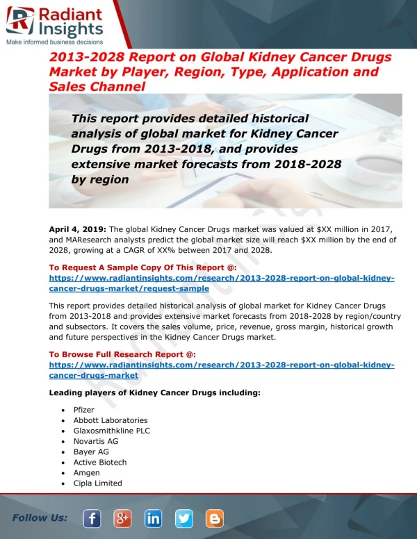 Global Kidney Cancer Drugs Market Overview From 2018-2028:Radiant Insights Inc