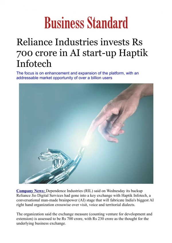 Reliance Industries invests Rs 700 crore in AI start-up Haptik Infotech