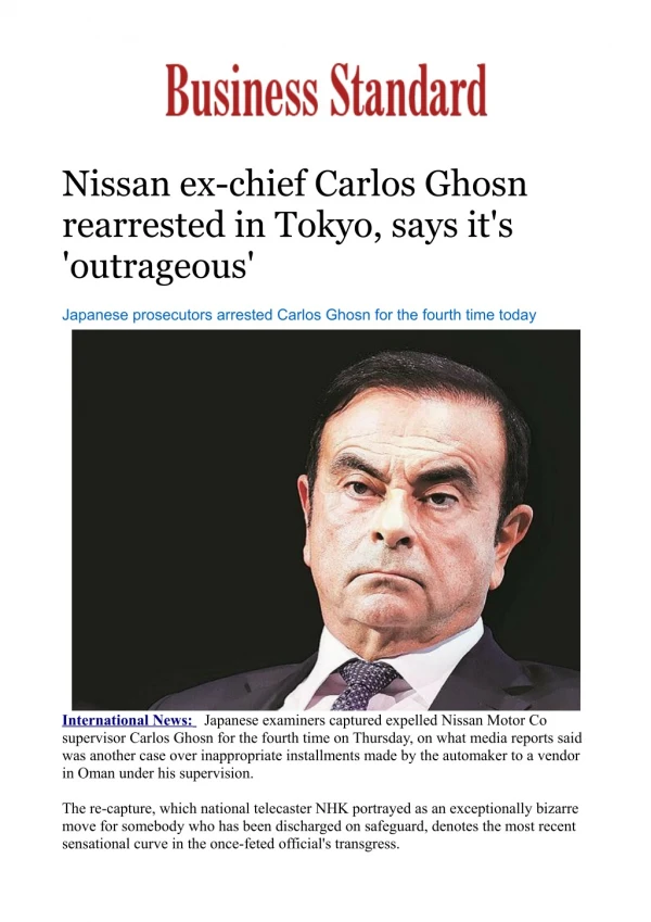 Nissan ex-chief Carlos Ghosn rearrested in Tokyo, says it's 'outrageous