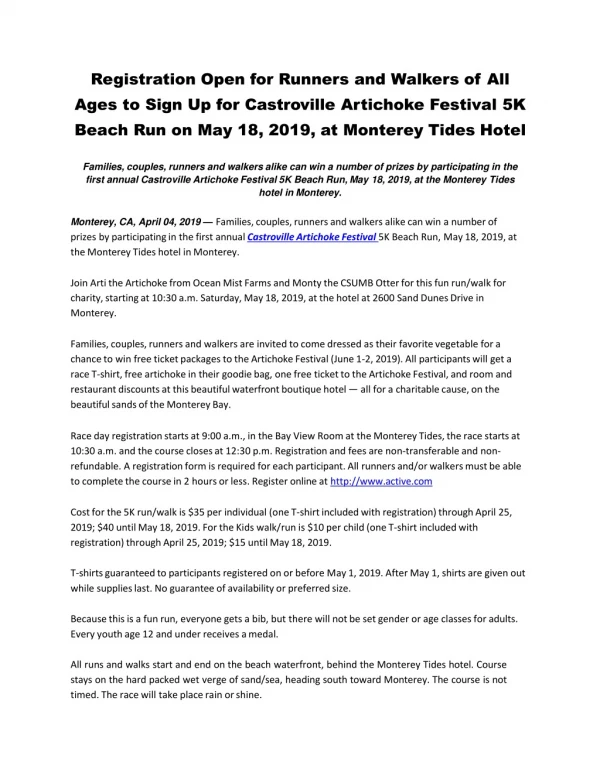 Registration Open for Runners and Walkers of All Ages to Sign Up for Castroville Artichoke Festival 5K Beach Run on May