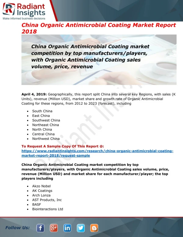 Organic Antimicrobial Coating Market Production Volume, Growth Rate and Future Opportunities from 2019-2025:Radiant Ins