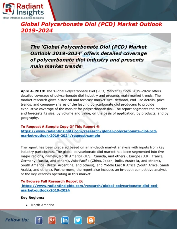 Polycarbonate Diol (PCD) Market by Manufacturers, Competitive Analysis, Demand and Forecast 2019 to 2023:Radiant Insight