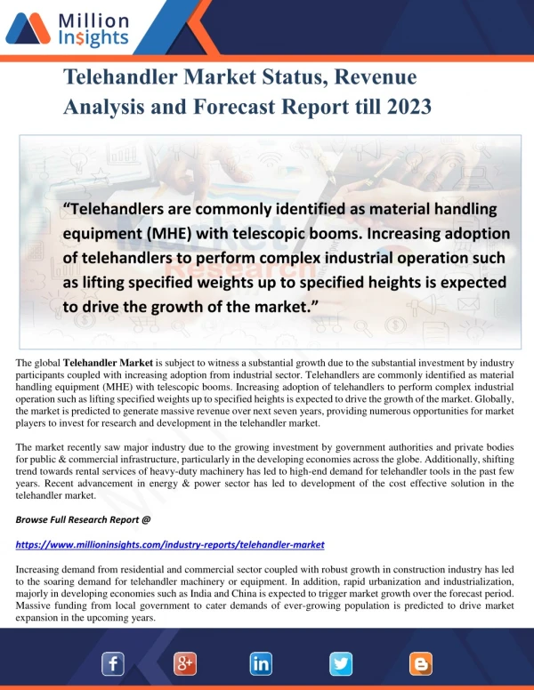 Telehandler Market Status, Revenue Analysis and Forecast Report till 2023