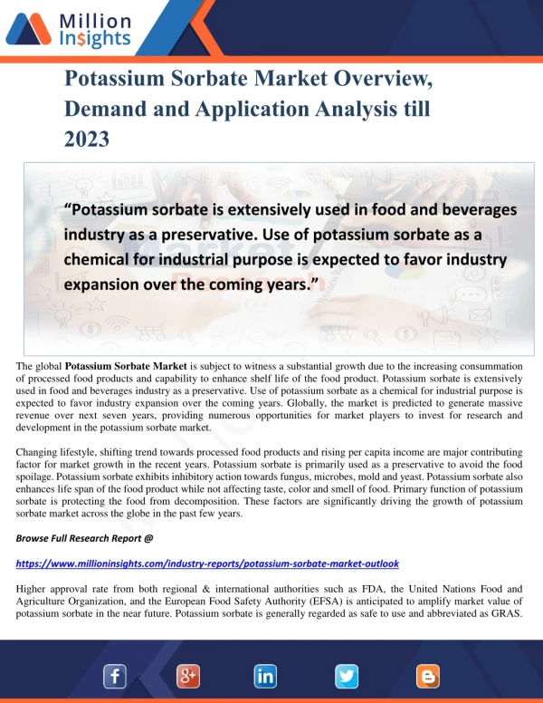 Potassium Sorbate Market Overview, Demand and Application Analysis till 2023