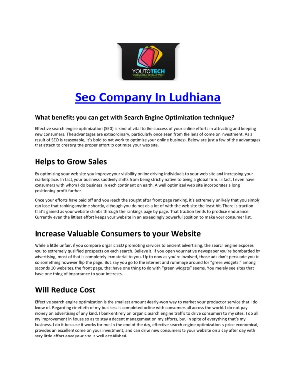 SEO Company in Ludhiana (YOUTOTECH WEB MOBILE DEVELOPMENT)