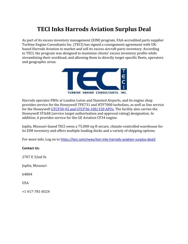 TECI Inks Harrods Aviation Surplus Deal