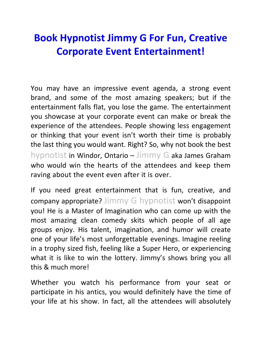 book hypnotist jimmy g for fun creative corporate