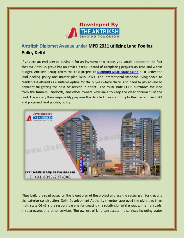 Antriksh Diplomat Avenue under MPD 2021 utilizing Land Pooling Policy Delhi