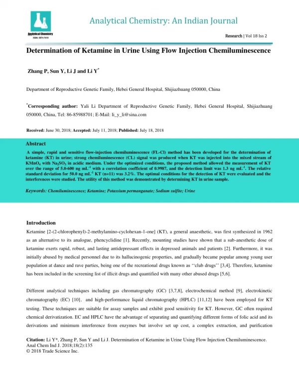 Determination of Ketamine in Urine Using Flow Injection Chemiluminescence