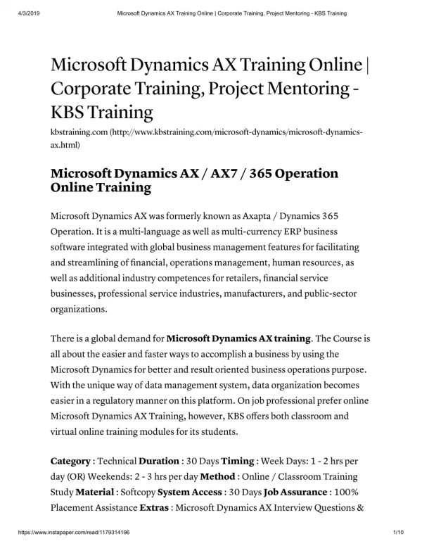 Microsoft Dynamics AX Training Online | Corporate Training - KBS Training