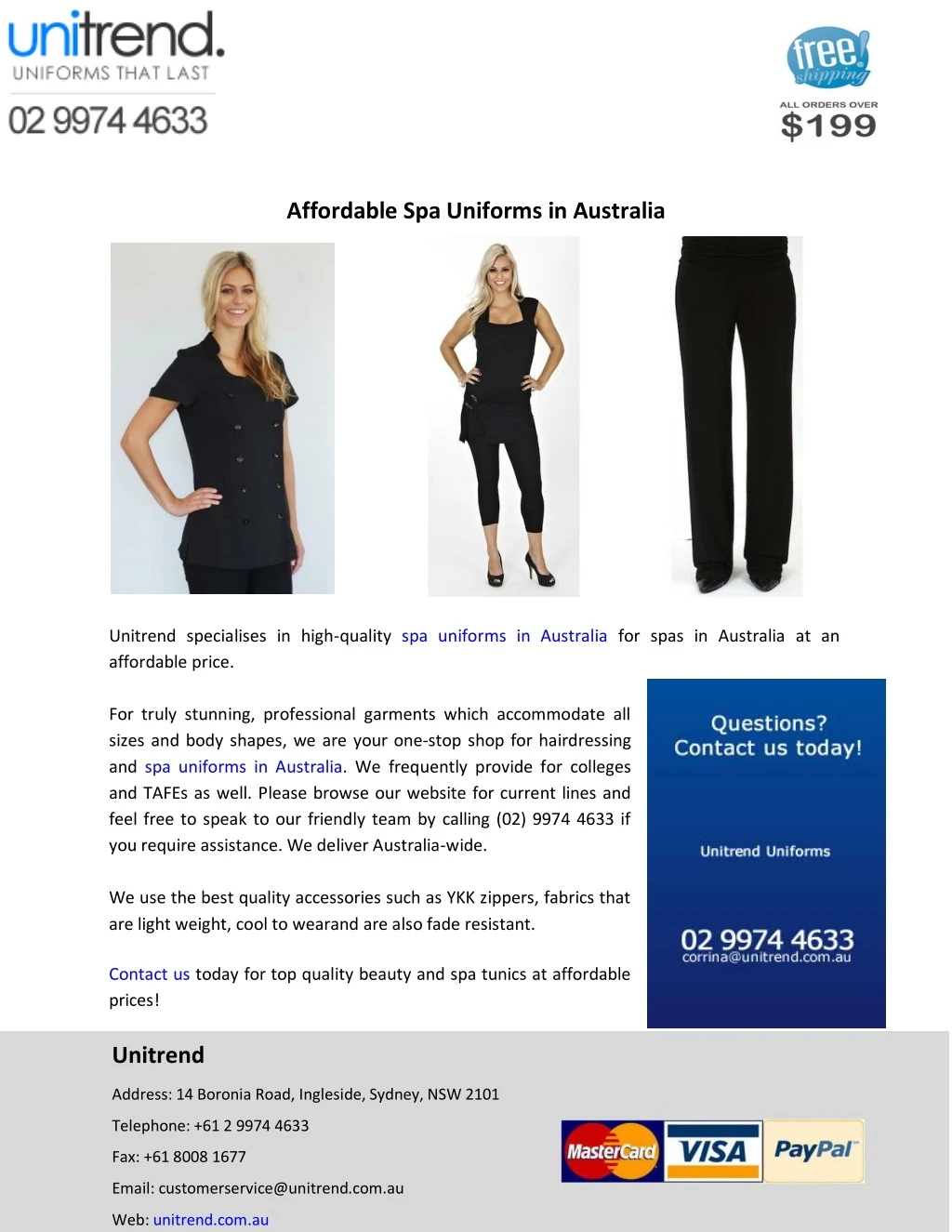 affordable spa uniforms in australia