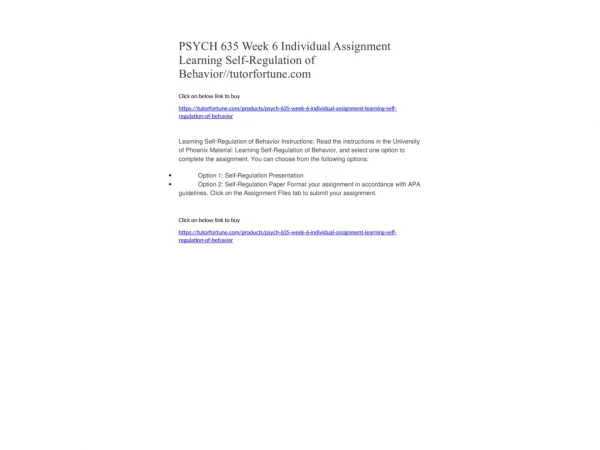 PSYCH 635 Week 6 Individual Assignment Learning Self-Regulation of Behavior//tutorfortune.com