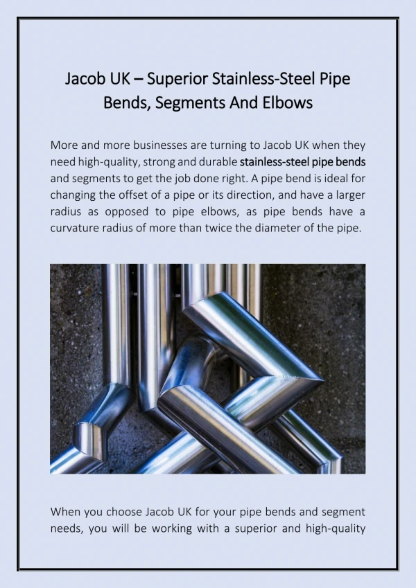 Jacob UK – Superior Stainless-Steel Pipe Bends, Segments And Elbows