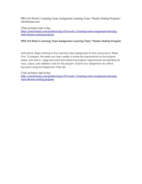 PRG 410 Week 2 Learning Team Assignment Learning Team: Theater Seating Program//tutorfortune.com