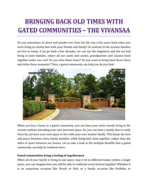 Bringing Back Old Times With Gated Communities - The Vivansaa